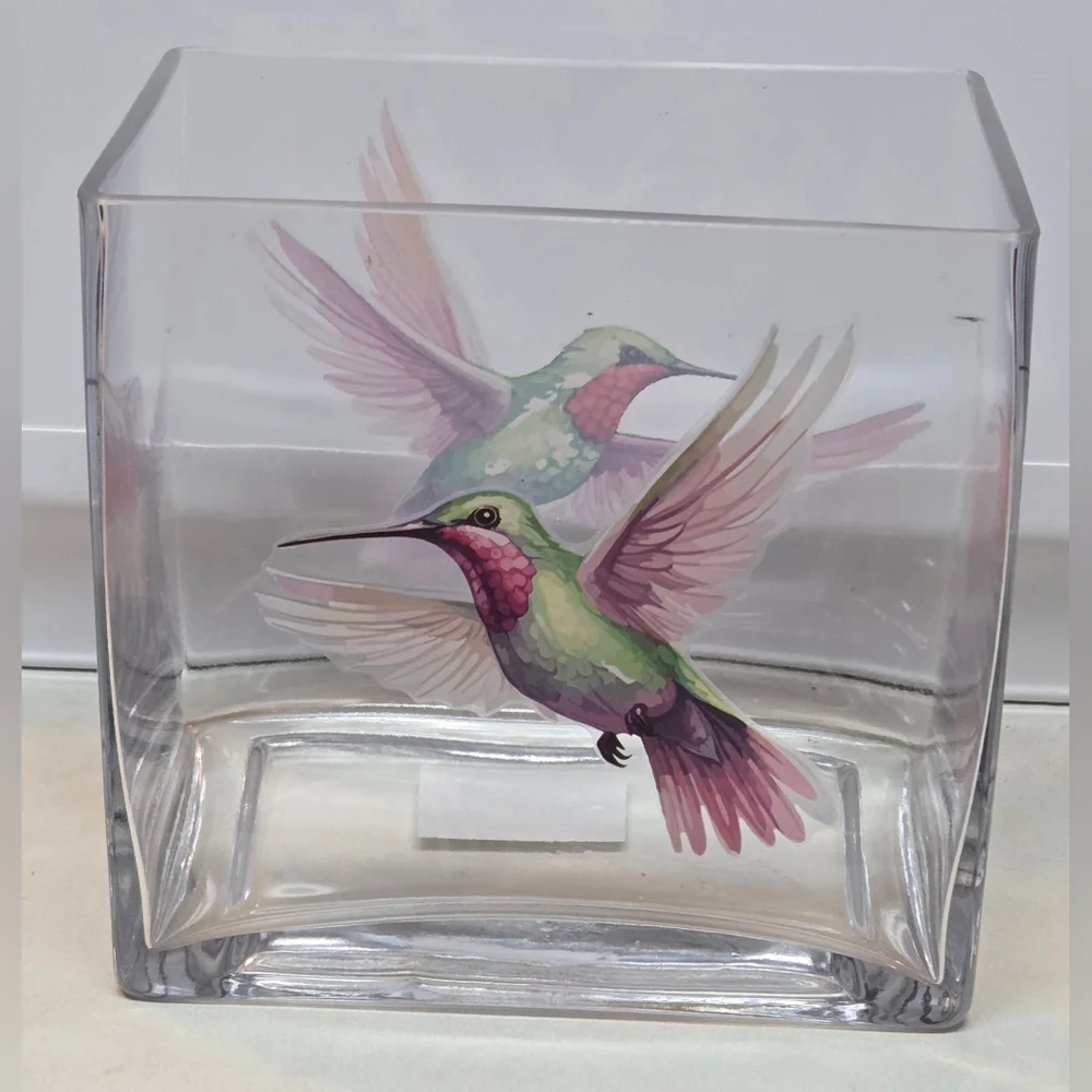 Heavy Glass Hummingbird Decal Vase 6x6x4